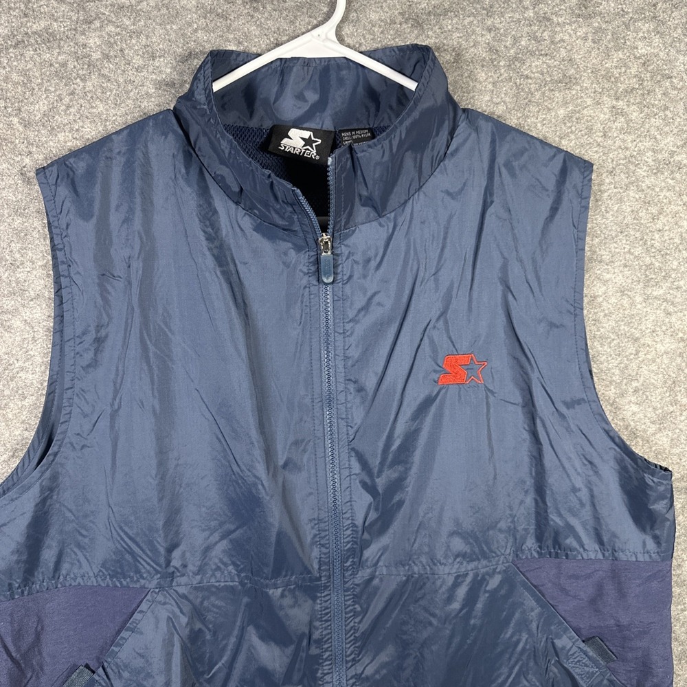 VTG 90s Starter Vest Jacket Men Blue Sz M 100% Nylon Sleeveless Full Zip Pockets